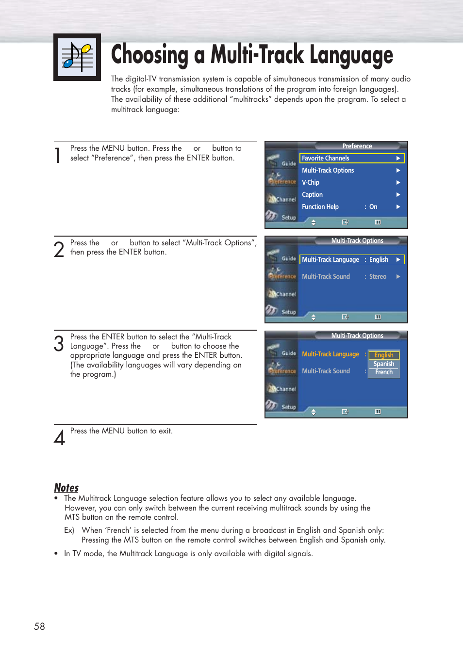 Choosing a multi-track language | Samsung HPP5091X-XAA User Manual | Page 58 / 84