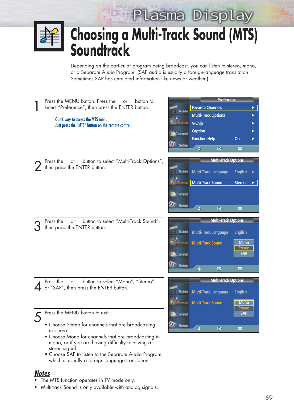Choosing a multi-track sound (mts)soundtrack, Choosing a multi-track sound (mts) soundtrack | Samsung HPP5091X-XAA User Manual | Page 59 / 84