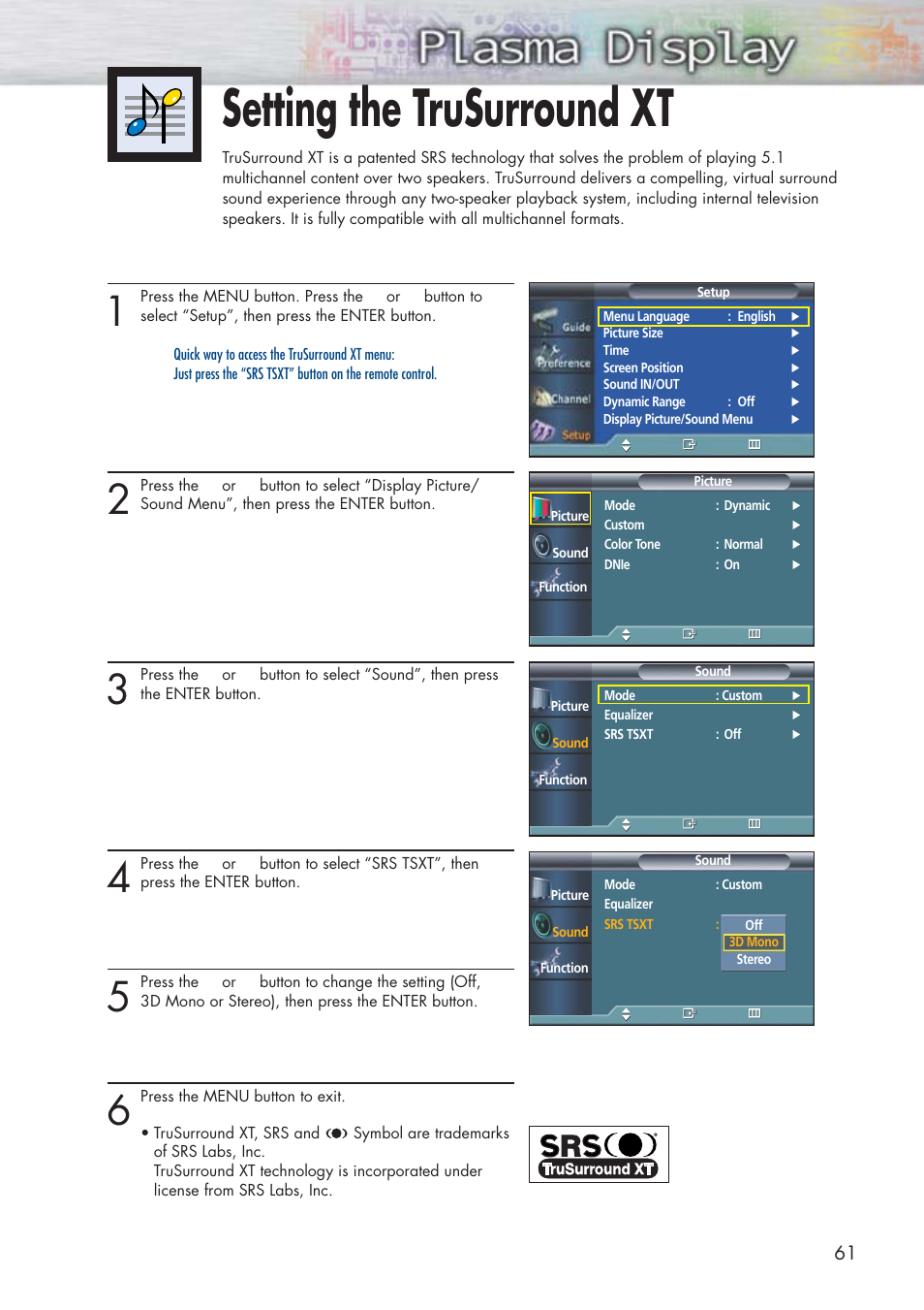 Setting the trusurround xt | Samsung HPP5091X-XAA User Manual | Page 61 / 84