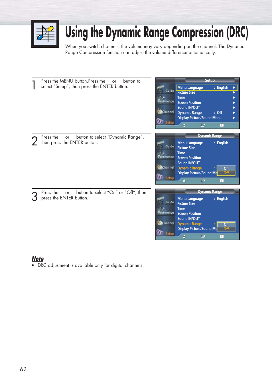 Using the dynamic range compression (drc) | Samsung HPP5091X-XAA User Manual | Page 62 / 84