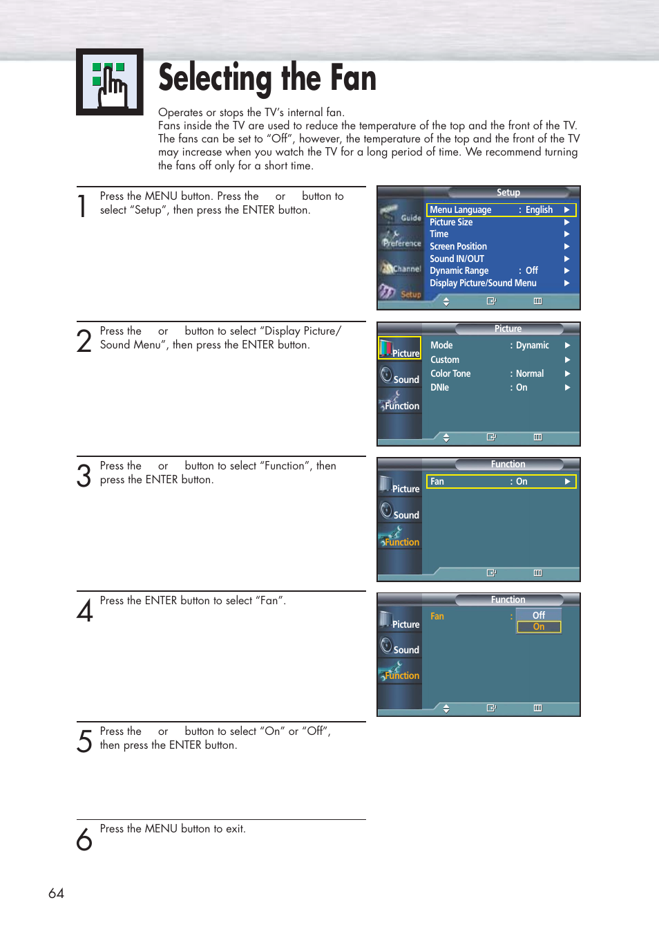 Selecting the fan | Samsung HPP5091X-XAA User Manual | Page 64 / 84