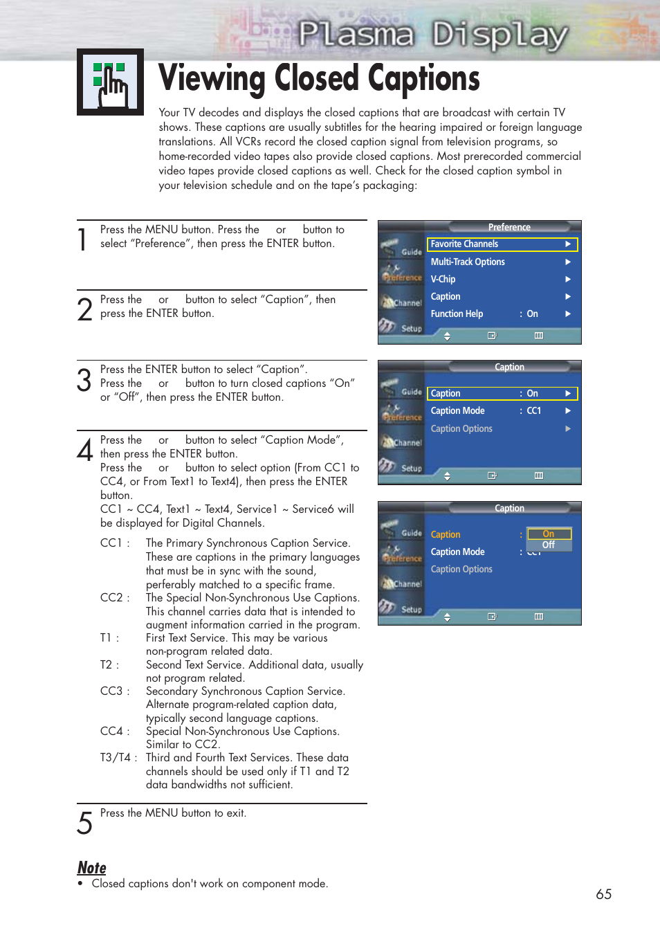 Viewing closed captions | Samsung HPP5091X-XAA User Manual | Page 65 / 84