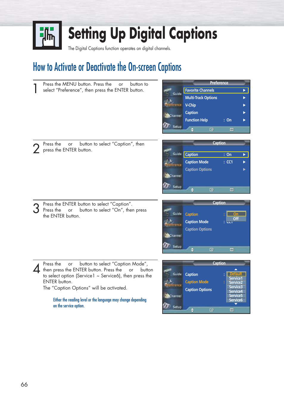 Setting up digital captions | Samsung HPP5091X-XAA User Manual | Page 66 / 84