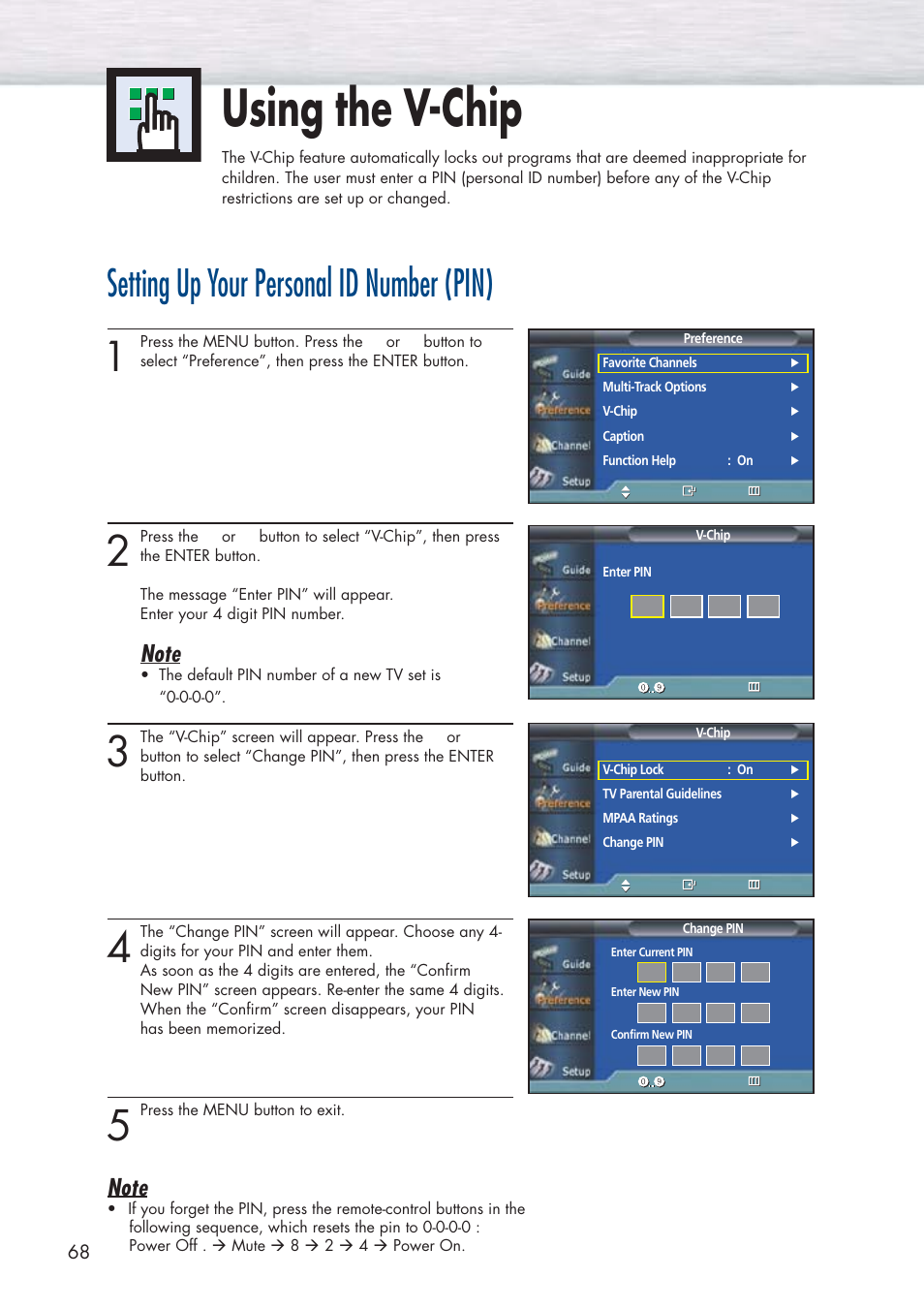 Using the v-chip, Setting up your personal id number (pin) | Samsung HPP5091X-XAA User Manual | Page 68 / 84