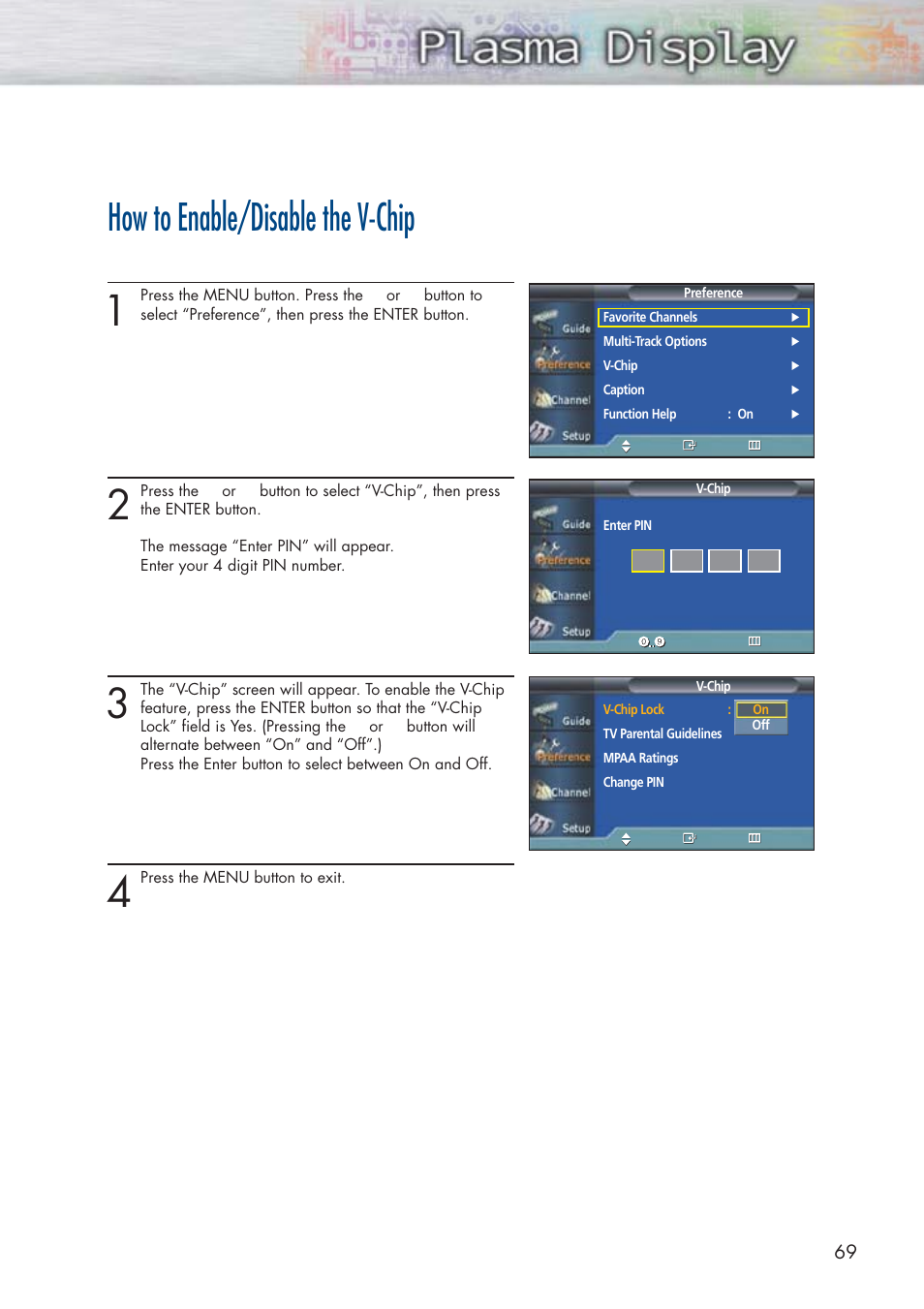 How to enable/disable the v-chip | Samsung HPP5091X-XAA User Manual | Page 69 / 84