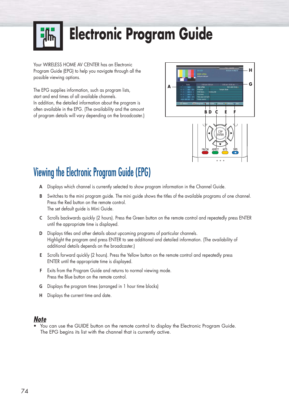 Electronic program guide, Viewing the electronic program guide (epg) | Samsung HPP5091X-XAA User Manual | Page 74 / 84