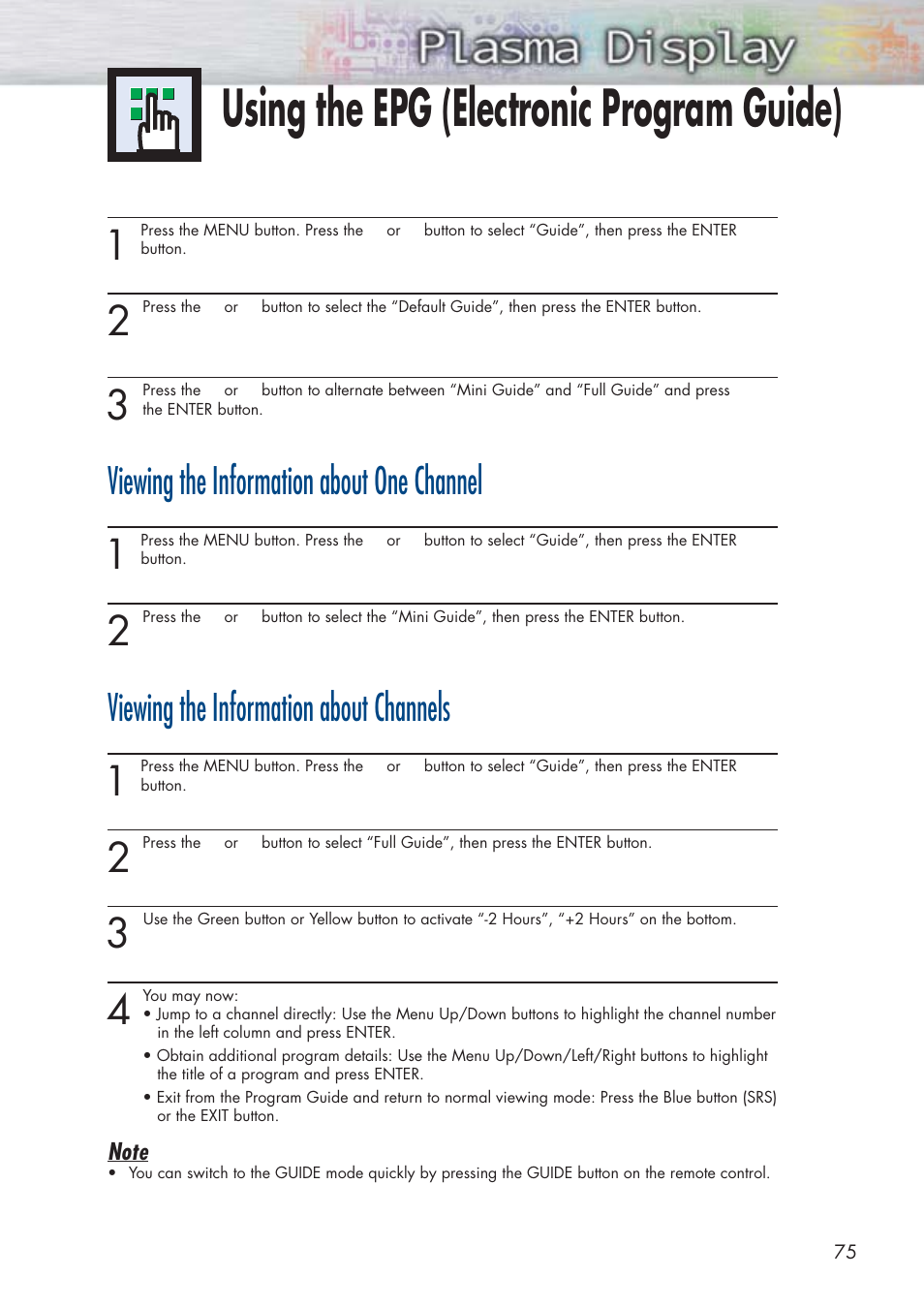 Using the epg (electronic program guide), Viewing the information about one channel, Viewing the information about channels | Samsung HPP5091X-XAA User Manual | Page 75 / 84