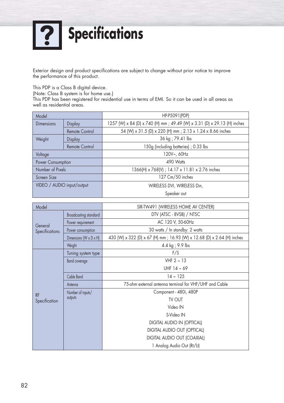 Specifications | Samsung HPP5091X-XAA User Manual | Page 82 / 84