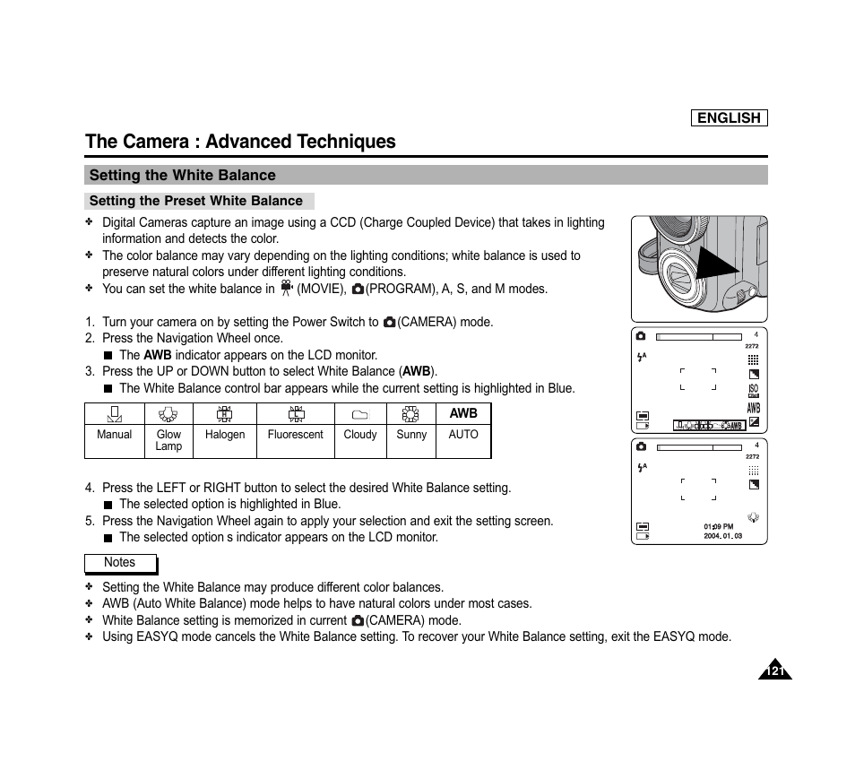 The camera : advanced techniques, Setting the white balance | Samsung SC-D6040-AFS User Manual | Page 125 / 169