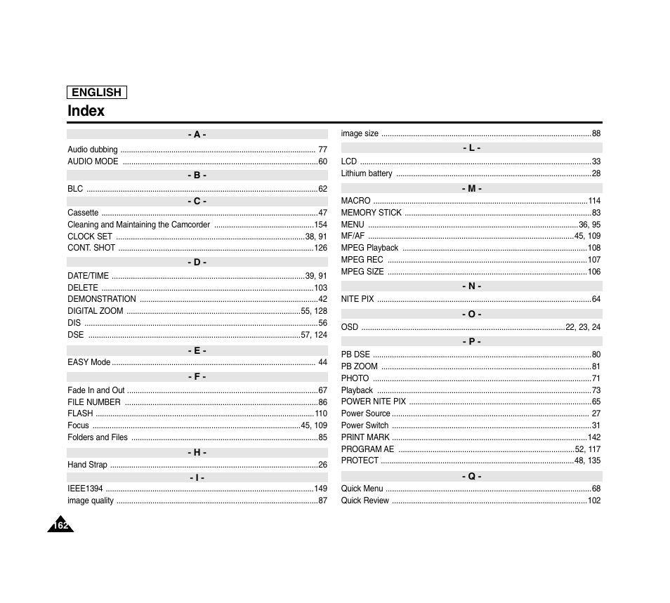 Index | Samsung SC-D6040-AFS User Manual | Page 166 / 169