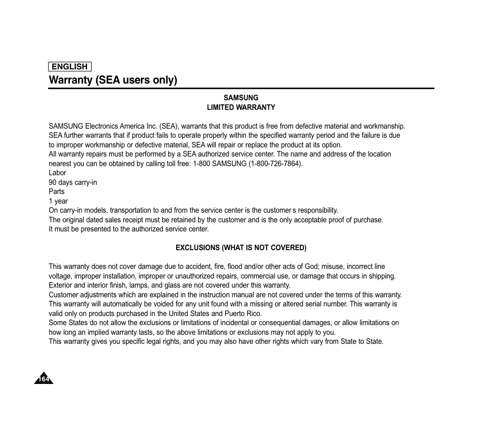 Warranty (sea users only) | Samsung SC-D6040-AFS User Manual | Page 168 / 169