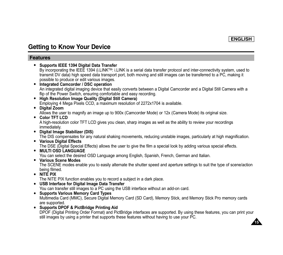 Getting to know your device, Features | Samsung SC-D6040-AFS User Manual | Page 19 / 169