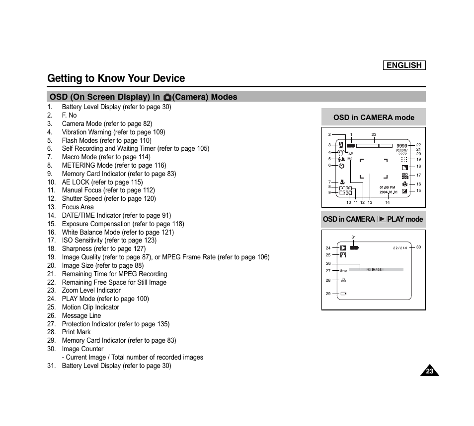 Getting to know your device, Osd (on screen display) in (camera) modes, English | Osd in camera mode osd in camera play mode | Samsung SC-D6040-AFS User Manual | Page 27 / 169