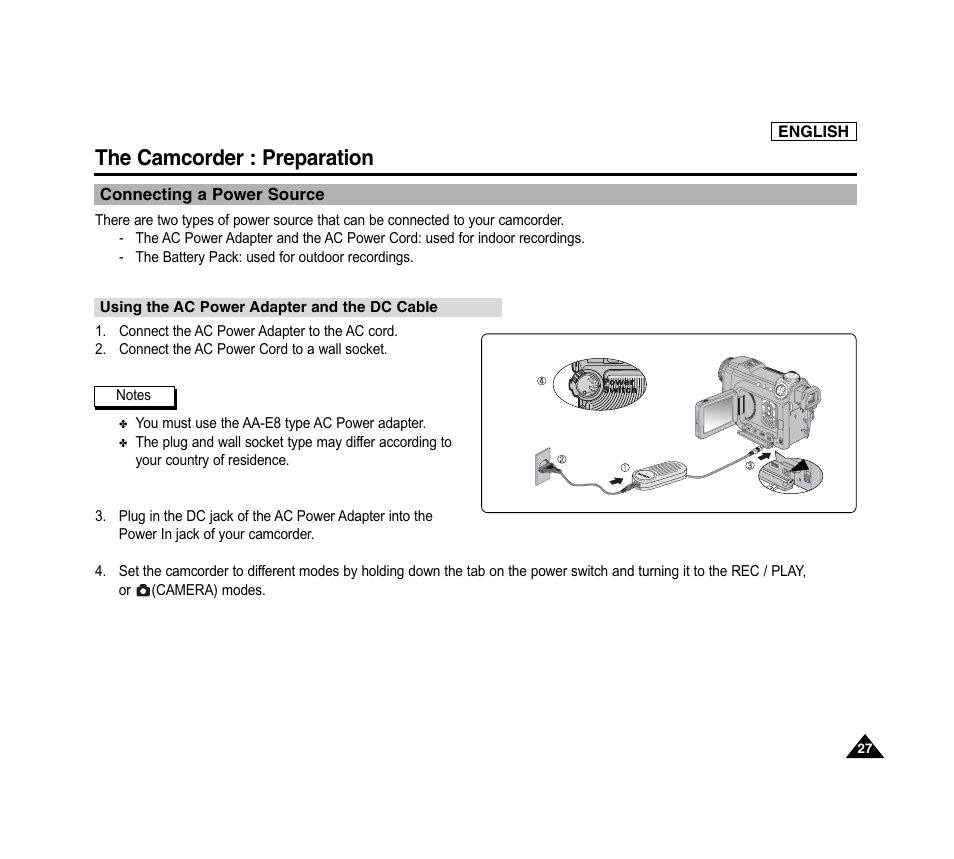 The camcorder : preparation, Connecting a power source, English | You must use the aa-e8 type ac power adapter | Samsung SC-D6040-AFS User Manual | Page 31 / 169