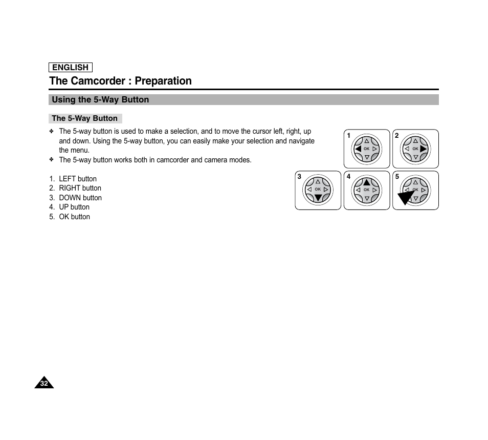 The camcorder : preparation, Using the 5-way button | Samsung SC-D6040-AFS User Manual | Page 36 / 169