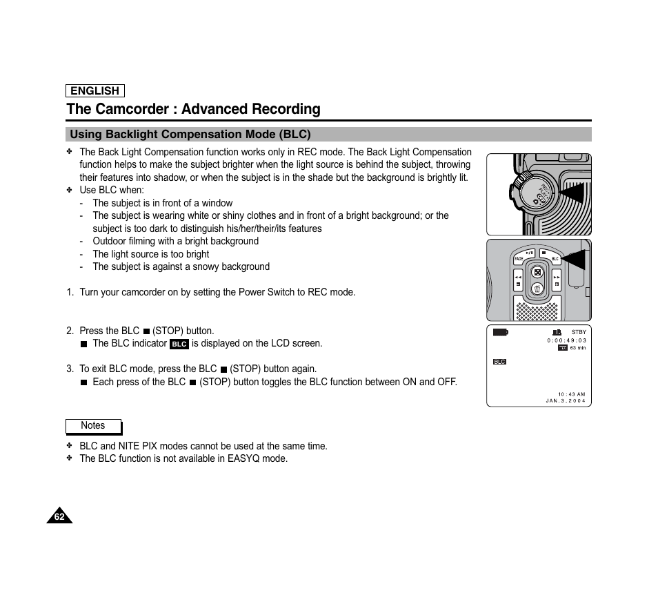 The camcorder : advanced recording | Samsung SC-D6040-AFS User Manual | Page 66 / 169