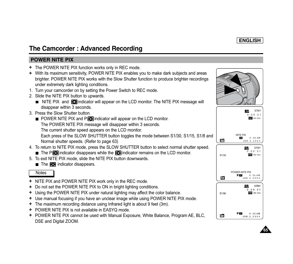 The camcorder : advanced recording, Power nite pix | Samsung SC-D6040-AFS User Manual | Page 69 / 169