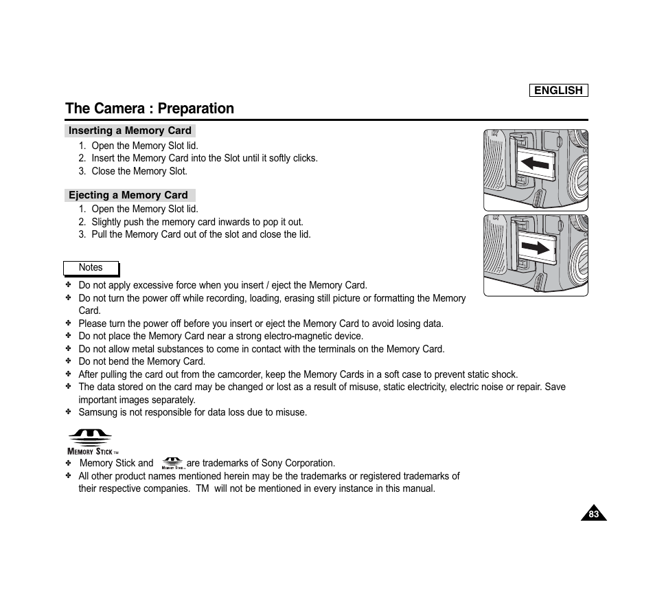 The camera : preparation | Samsung SC-D6040-AFS User Manual | Page 87 / 169