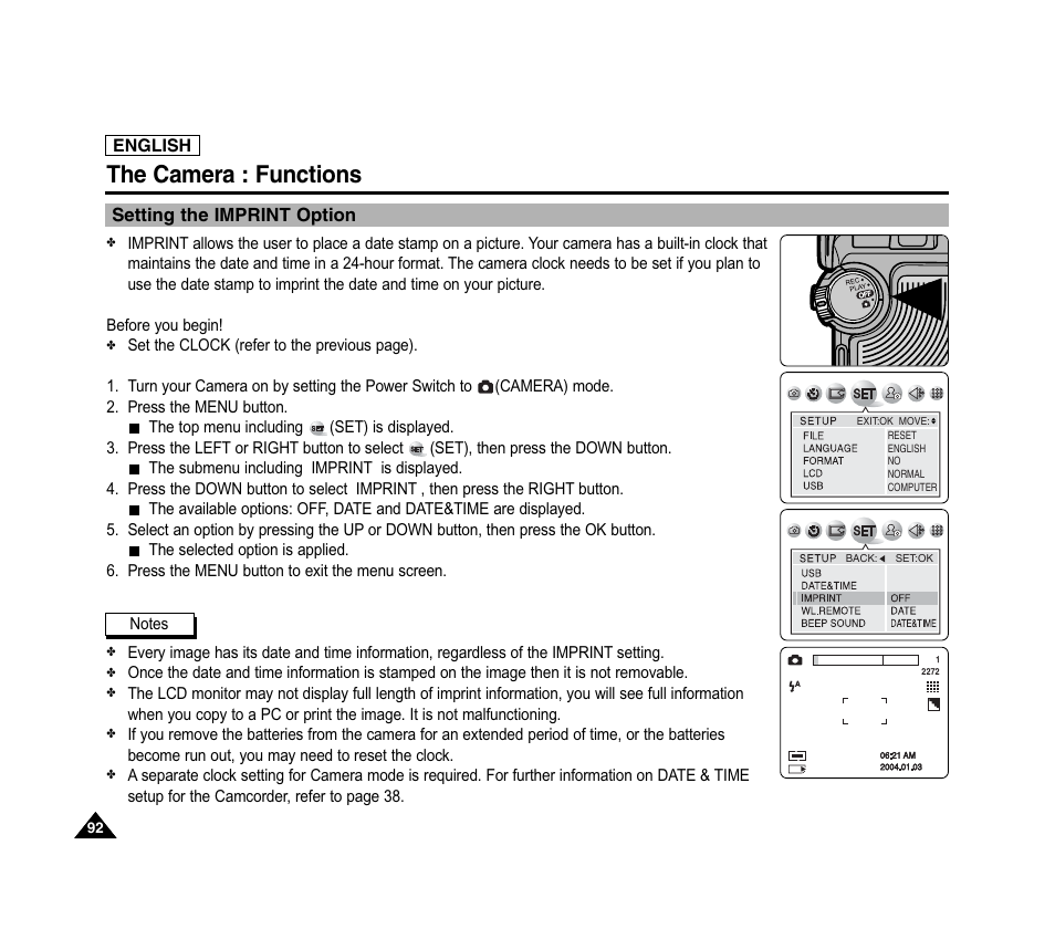 The camera : functions | Samsung SC-D6040-AFS User Manual | Page 96 / 169