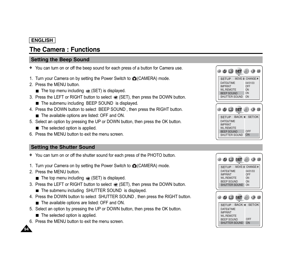 The camera : functions | Samsung SC-D6040-AFS User Manual | Page 98 / 169