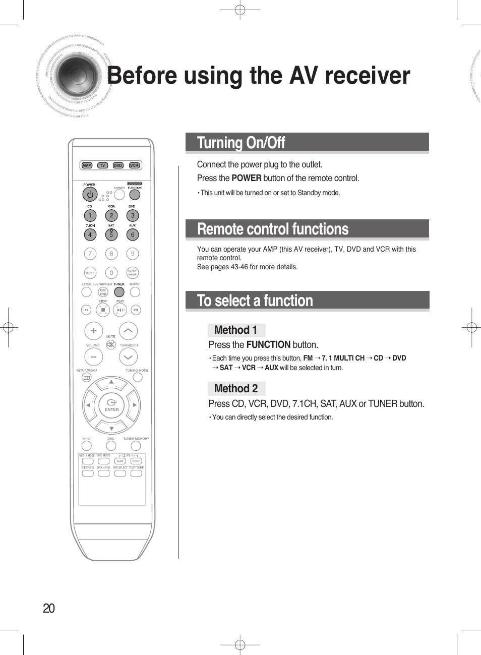 Before using the av receiver, Selecting digital/analog input, Remote control functions | Turning on/off | Samsung HT-AS720ST-XAA User Manual | Page 20 / 52