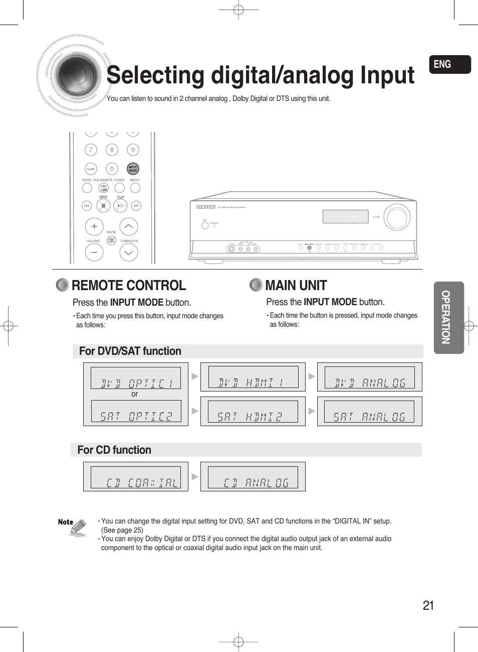 Setting the speaker mode, Selecting digital/analog input, Remote control | Main unit | Samsung HT-AS720ST-XAA User Manual | Page 21 / 52