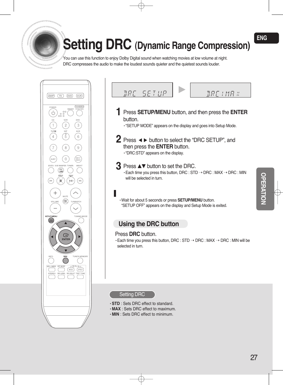 Setting drc (dynamic range compression), Setting drc, Dynamic range compression) | Samsung HT-AS720ST-XAA User Manual | Page 27 / 52