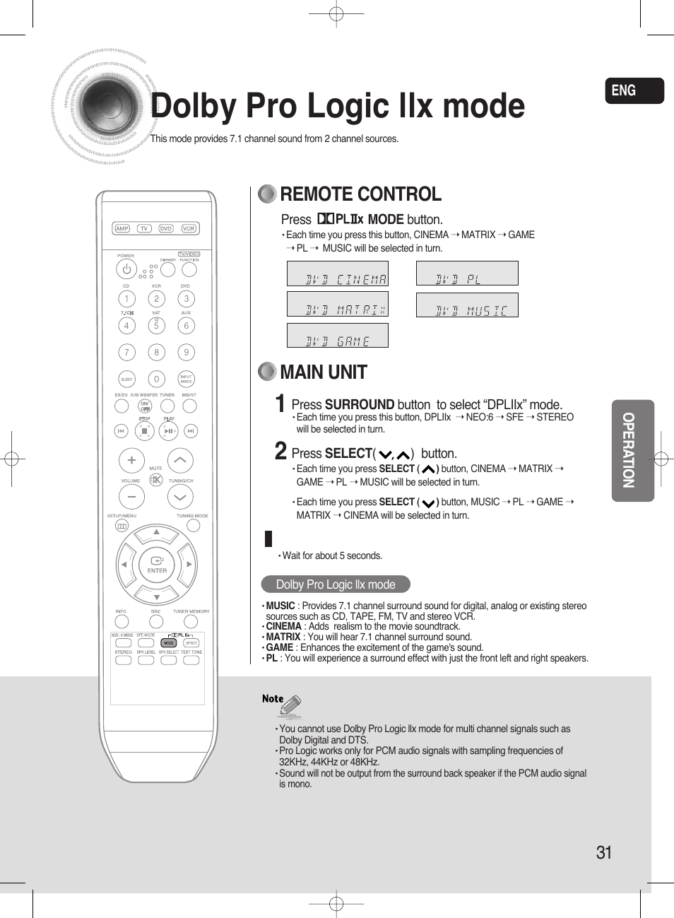 Setting dolby pro logic llx effect, Dolby pro logic llx mode, Main unit | Remote control, Eng opera tion | Samsung HT-AS720ST-XAA User Manual | Page 31 / 52