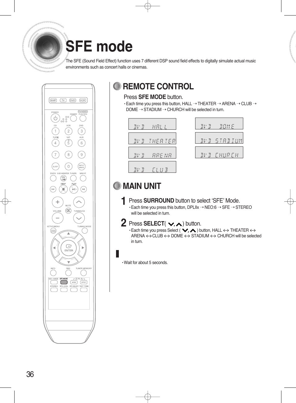 Sfe mode, Main unit, Remote control | Samsung HT-AS720ST-XAA User Manual | Page 36 / 52