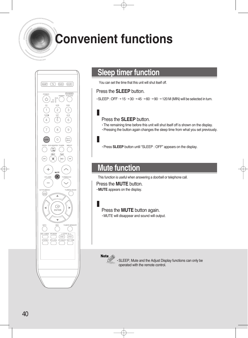 Miscellaneous, Convenient functions, Sleep timer function mute function | Samsung HT-AS720ST-XAA User Manual | Page 40 / 52