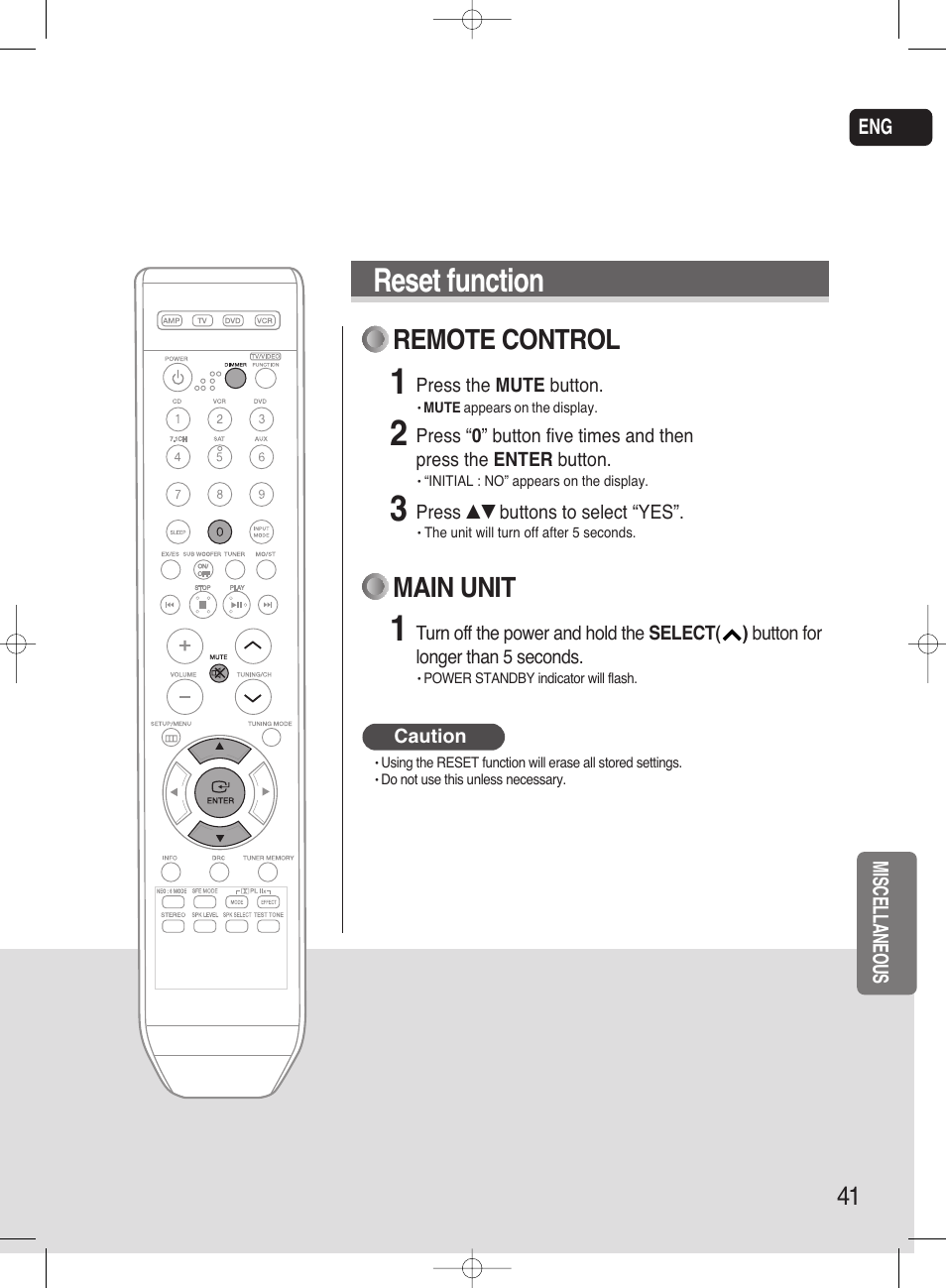 Reset function, Remote control, Main unit | Samsung HT-AS720ST-XAA User Manual | Page 41 / 52