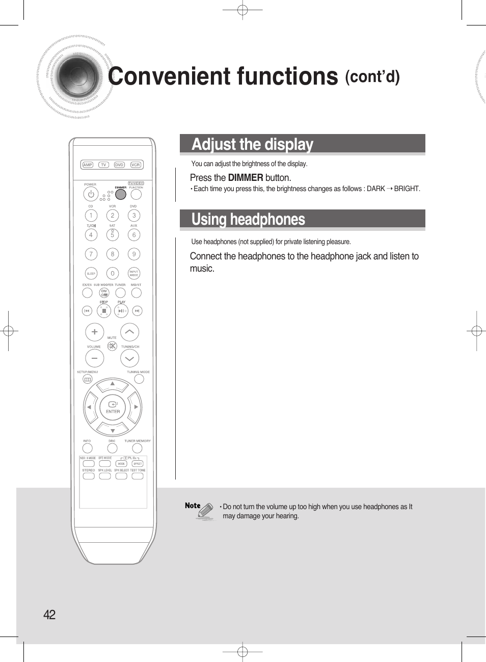 Operating your tv with the remote control, Convenient functions, Adjust the display | Using headphones, Cont’d) | Samsung HT-AS720ST-XAA User Manual | Page 42 / 52