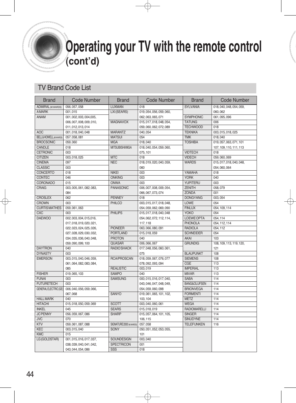 Operating your tv with the remote control, Cont’d), Tv brand code list | Samsung HT-AS720ST-XAA User Manual | Page 44 / 52
