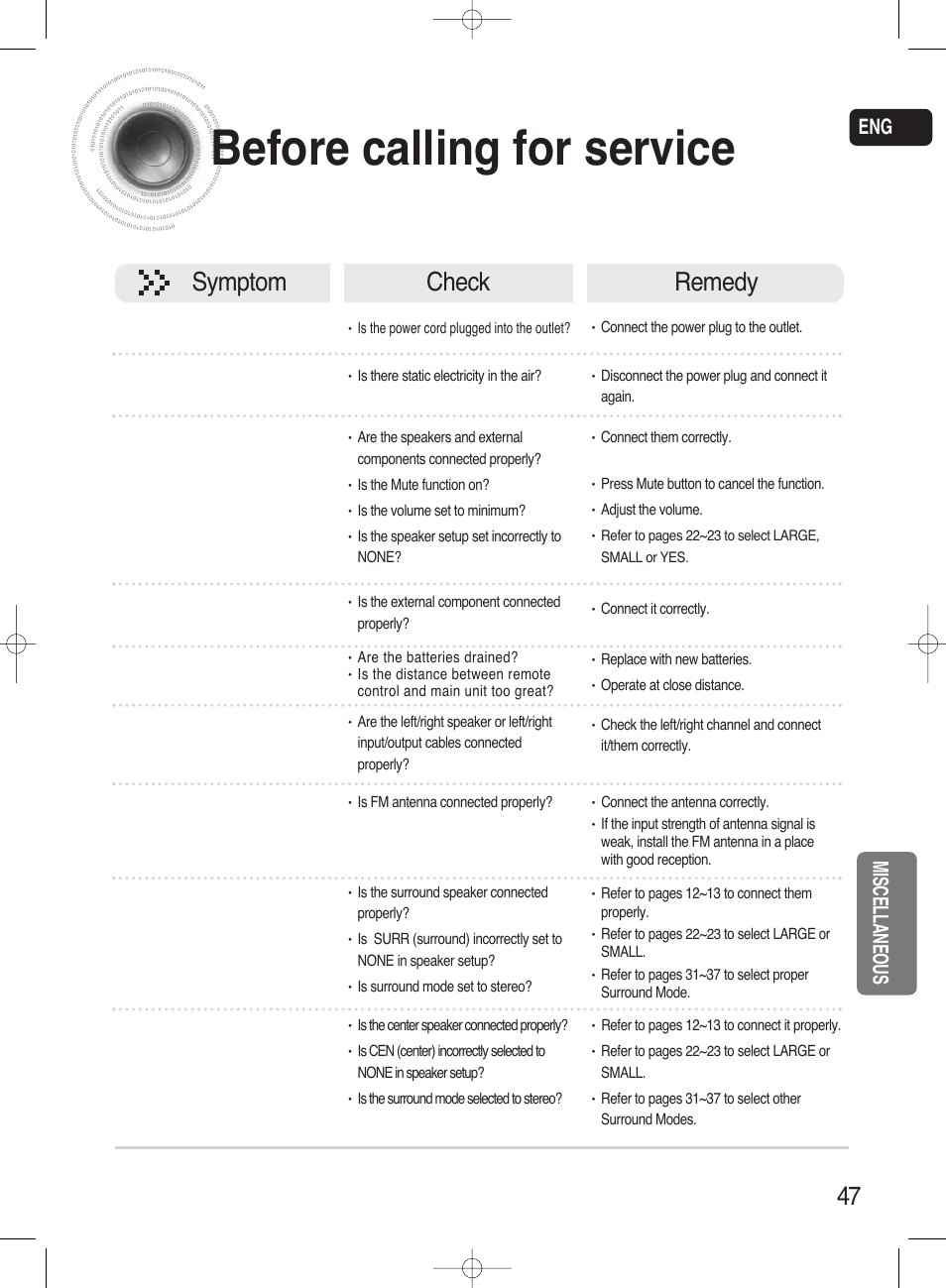 Before calling for service, Symptom check remedy, Miscellaneous | Samsung HT-AS720ST-XAA User Manual | Page 47 / 52