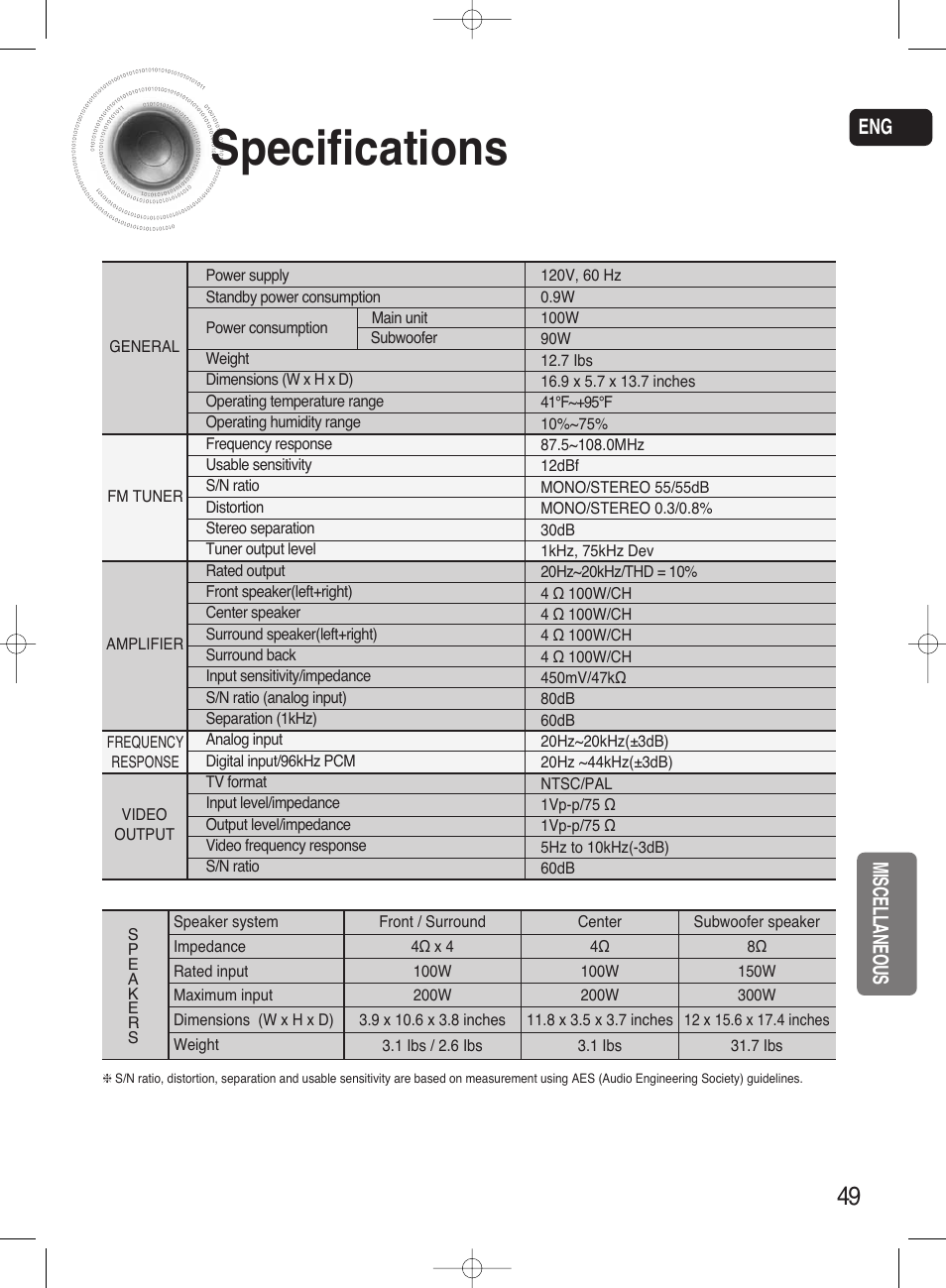 Specifications, Miscellaneous | Samsung HT-AS720ST-XAA User Manual | Page 49 / 52
