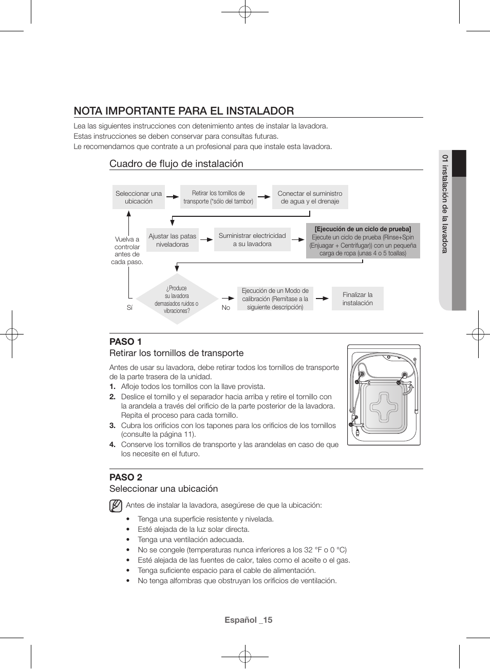 Nota importante para el instalador, Cuadro de flujo de instalación | Samsung WF42H5000AW-A2 User Manual | Page 103 / 132