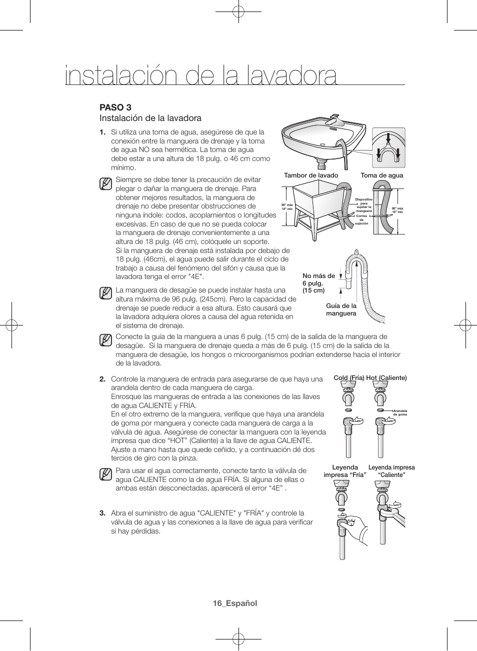 Instalación de la lavadora, Paso 3 instalación de la lavadora | Samsung WF42H5000AW-A2 User Manual | Page 104 / 132