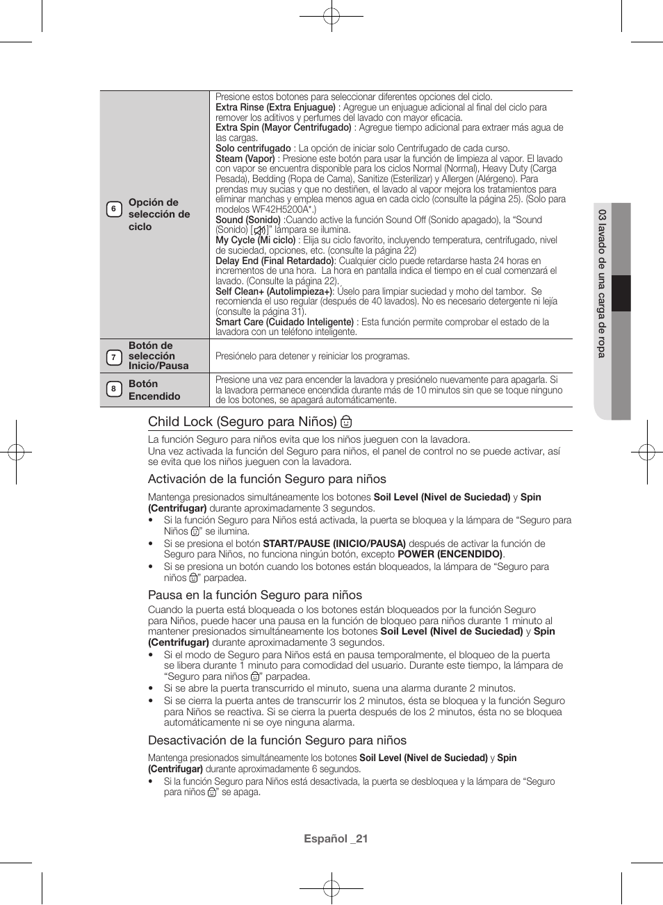 Child lock (seguro para niños) | Samsung WF42H5000AW-A2 User Manual | Page 109 / 132