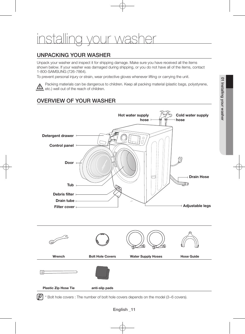 Installing your washer, Unpacking your washer, Overview of your washer | Samsung WF42H5000AW-A2 User Manual | Page 11 / 132