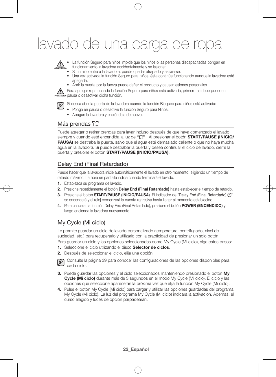 Lavado de una carga de ropa, Más prendas, Delay end (final retardado) | My cycle (mi ciclo) | Samsung WF42H5000AW-A2 User Manual | Page 110 / 132