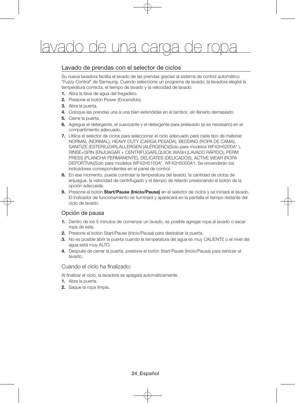 Lavado de una carga de ropa, Lavado de prendas con el selector de ciclos | Samsung WF42H5000AW-A2 User Manual | Page 112 / 132