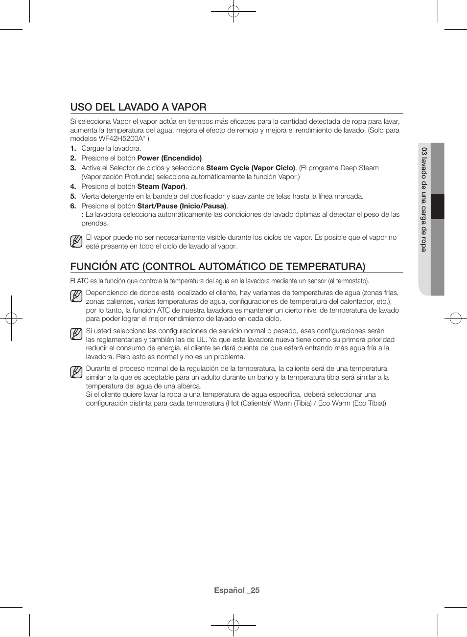 Uso del lavado a vapor, Función atc (control automático de temperatura) | Samsung WF42H5000AW-A2 User Manual | Page 113 / 132