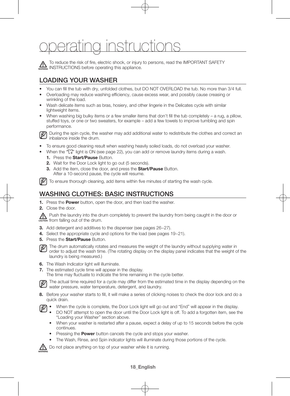 Operating instructions, Loading your washer, Washing clothes: basic instructions | Samsung WF42H5000AW-A2 User Manual | Page 18 / 132
