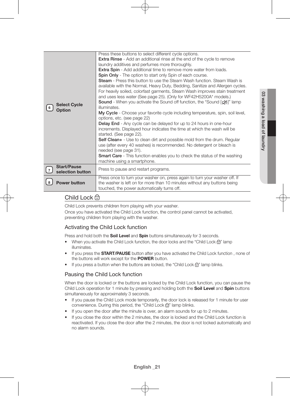 Child lock | Samsung WF42H5000AW-A2 User Manual | Page 21 / 132