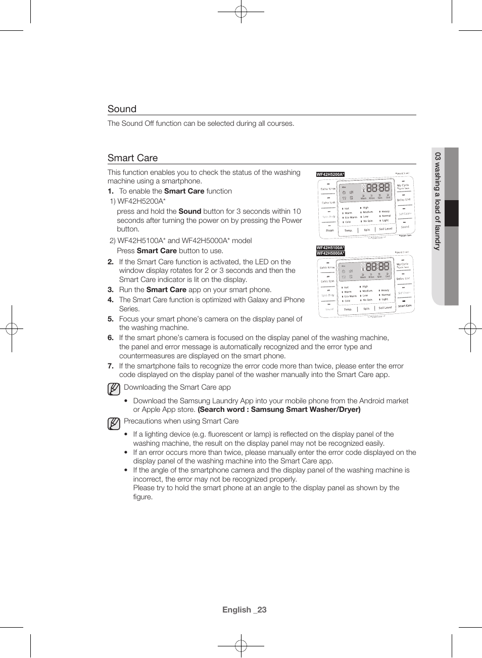 Sound, Smart care | Samsung WF42H5000AW-A2 User Manual | Page 23 / 132