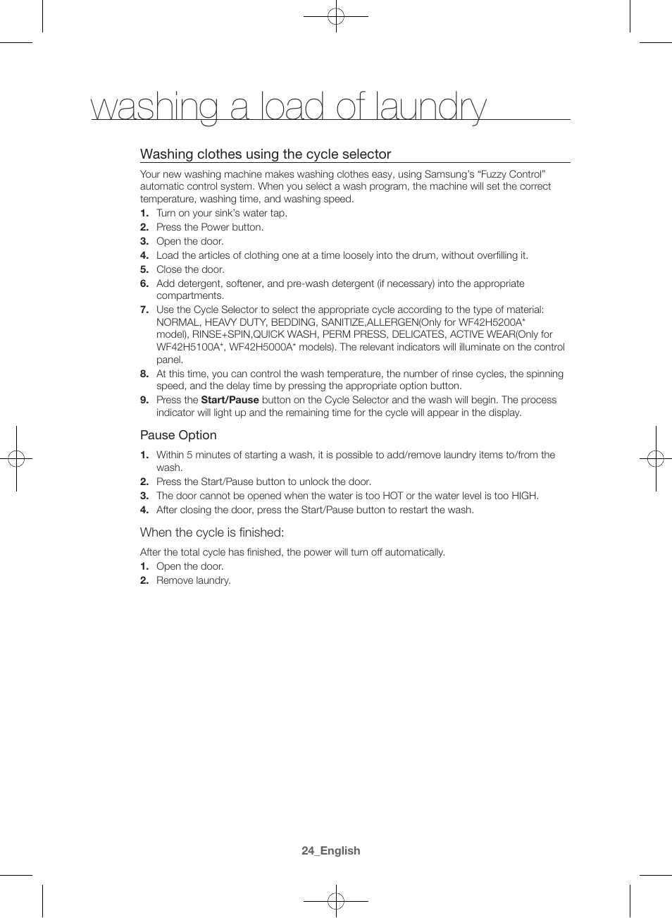 Washing a load of laundry | Samsung WF42H5000AW-A2 User Manual | Page 24 / 132