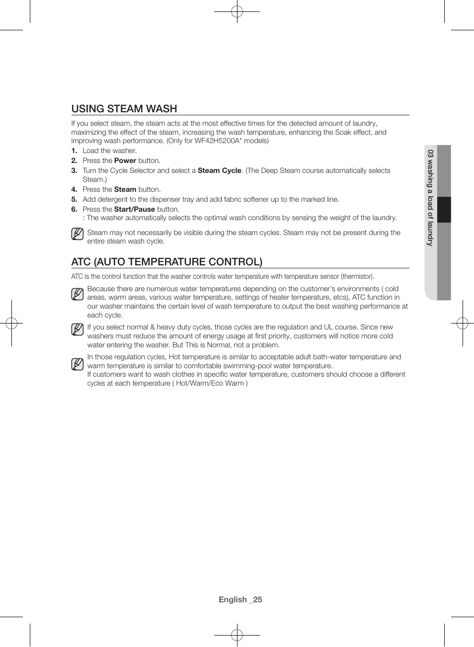 Using steam wash, Atc (auto temperature control) | Samsung WF42H5000AW-A2 User Manual | Page 25 / 132