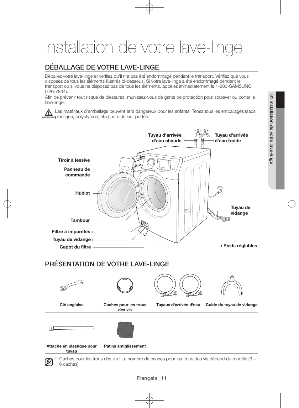 Installation de votre lave-linge, Déballage de votre lave-linge, Présentation de votre lave-linge | Samsung WF42H5000AW-A2 User Manual | Page 55 / 132