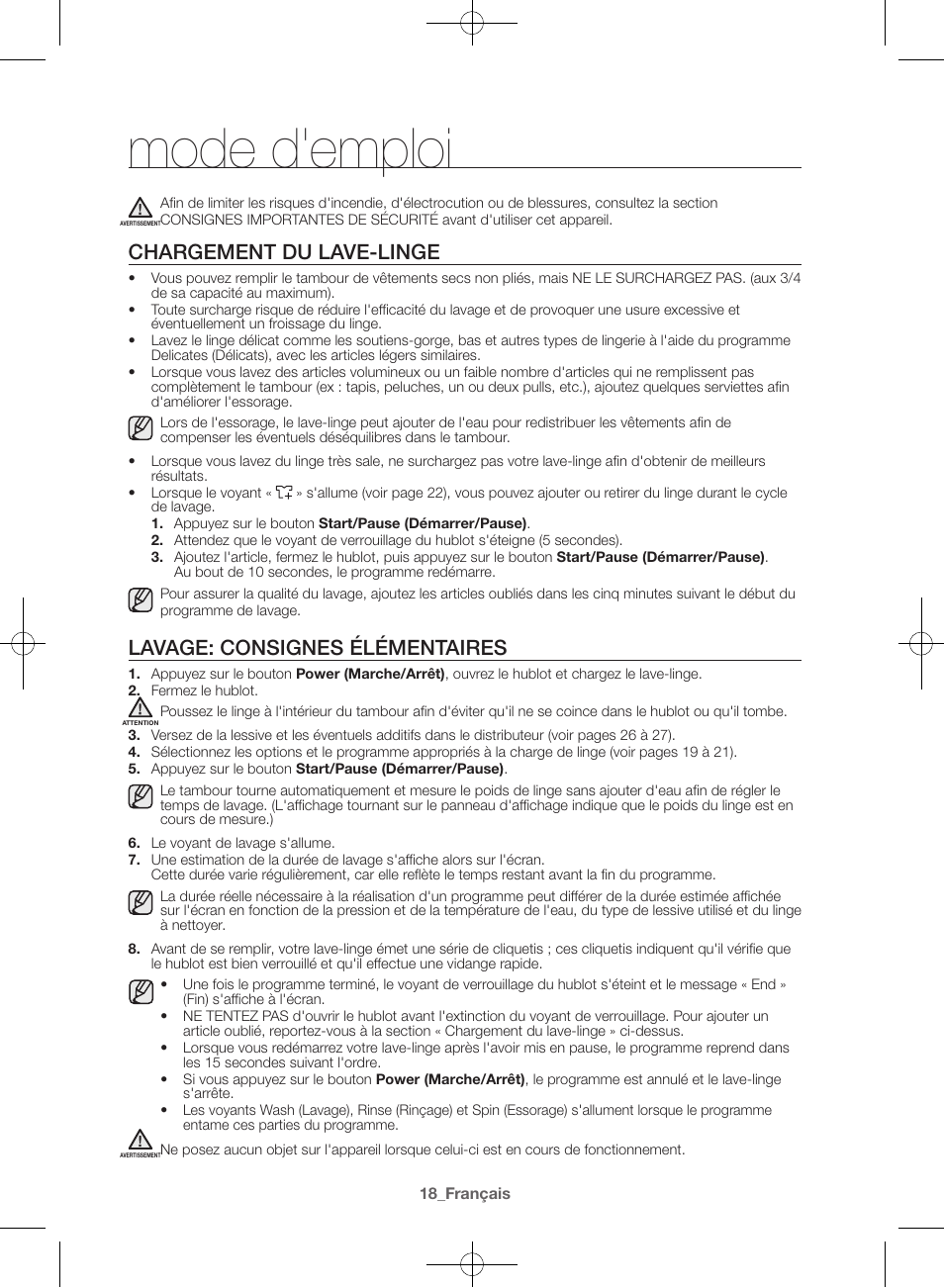 Mode d'emploi, Chargement du lave-linge, Lavage: consignes élémentaires | Samsung WF42H5000AW-A2 User Manual | Page 62 / 132
