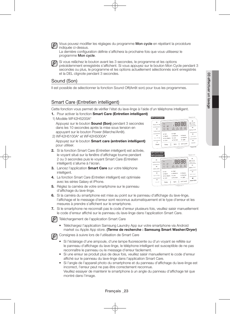 Sound (son), Smart care (entretien intelligent) | Samsung WF42H5000AW-A2 User Manual | Page 67 / 132